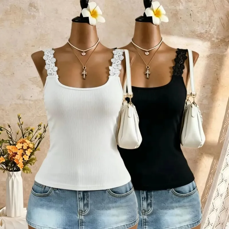 2 Pcs Women Lace Trim Spaghetti Strap Tank Top Ribbed Knit Square Neck Slim Fit Solid White Black Casual Cami Vest