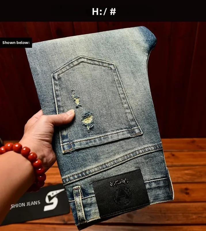 Fashionable light luxury jeans with men's patch design trendy retro elastic ripped pants