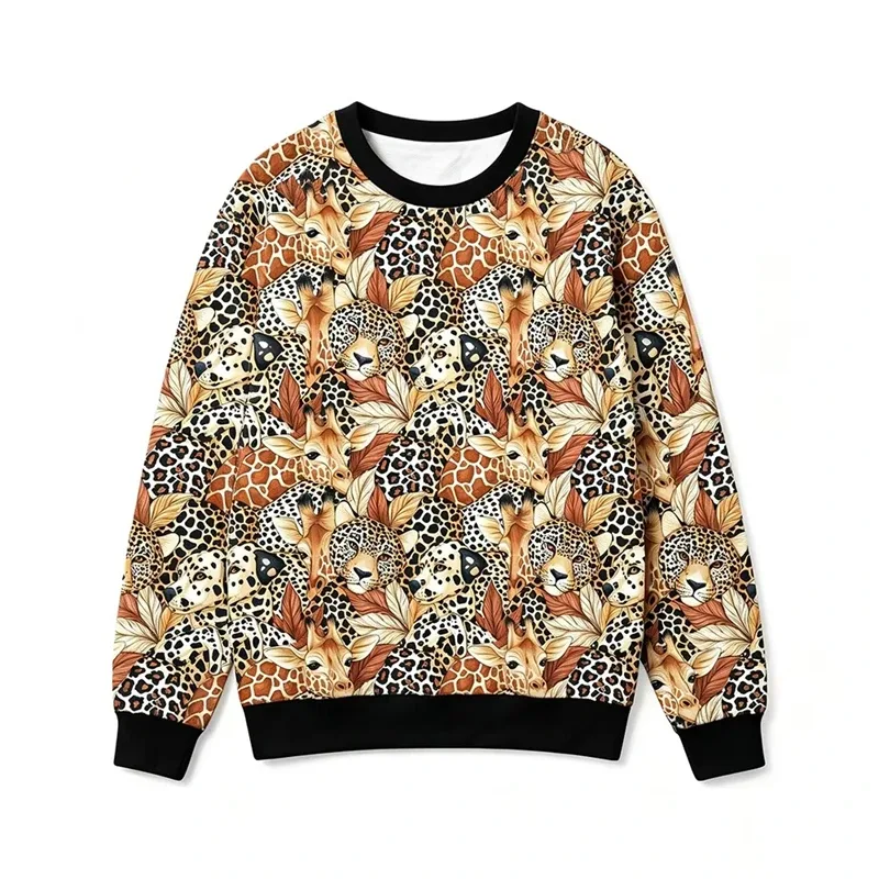 Animal Patchwork Pattern Sweatshirt Leopard Zebra Giraffe Full Print Streetwear Vintage Casual Crew Neck Pullover Fashion Tops
