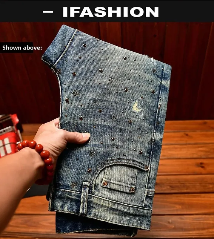 Fashionable light luxury jeans with men's patch design trendy retro elastic ripped pants