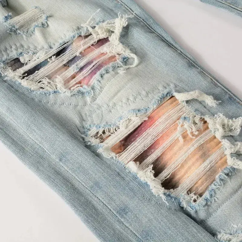 Jean en Denim extensible pour hommes, Patch craquelé, trous déchirés, pantalon Patchwork, Streetwear, bleu clair, pantalon fuselé slim — image 4