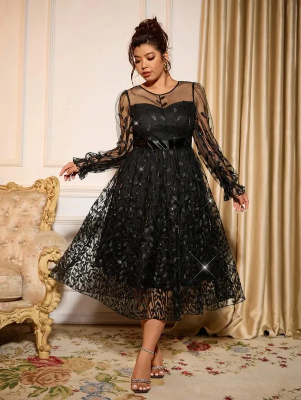 Sophisticated Dinner Dress with Sheer Sleeves and Sparkling Details for Galas