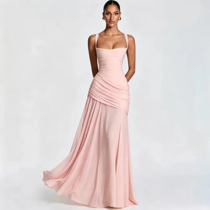 Sexy Solid Pleated Sling Dress Women Elegant Square Neck Sleeveless Waist-cinching Maxi Dresses 2026 New Summer Lady Party Robe