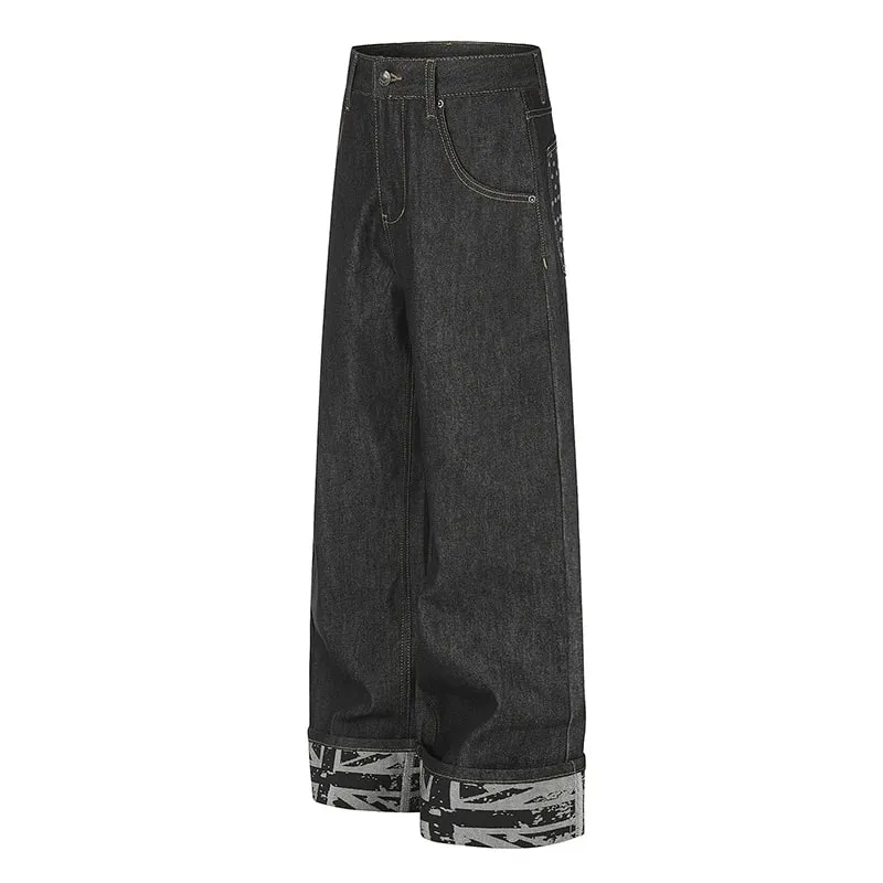 Men Raw Denim Wide‑Leg Jeans Rivet Decor Back Pockets Cuffed Hem Print Punk Streetwear Straight Long Pants 9X4317