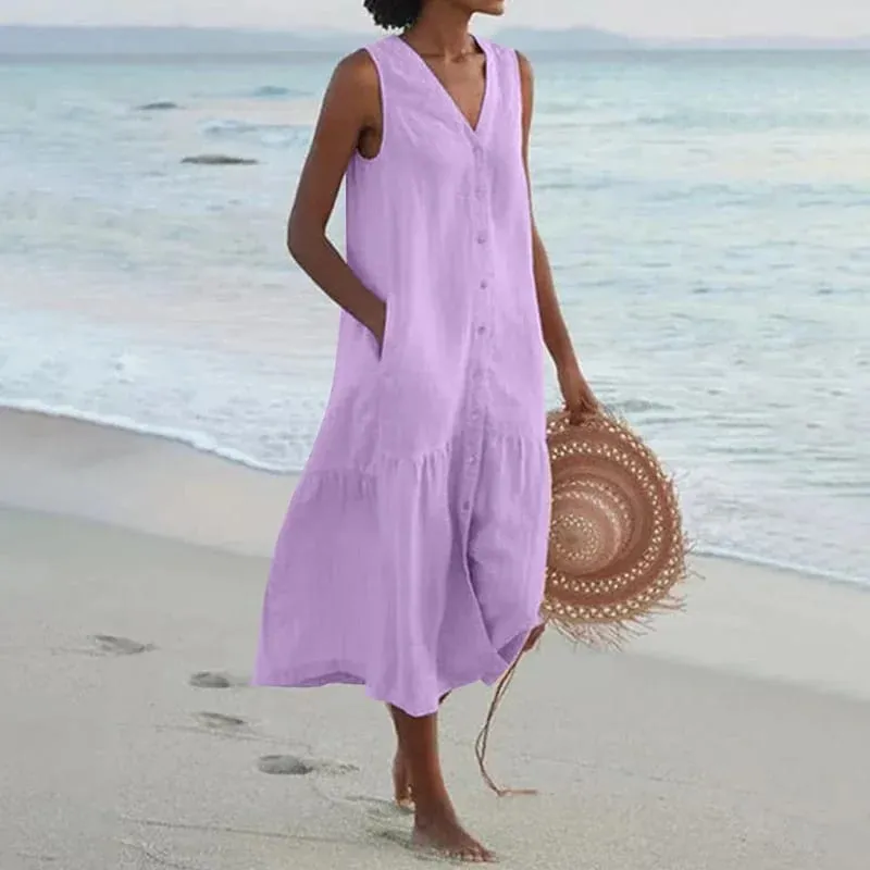 Sommer Lose Casual Patchwork Baumwolle Leinen Taschen Kleid V-ausschnitt Strand Stil Kleid Ärmelloses Vintage Club Midi Solide Frauen kleid