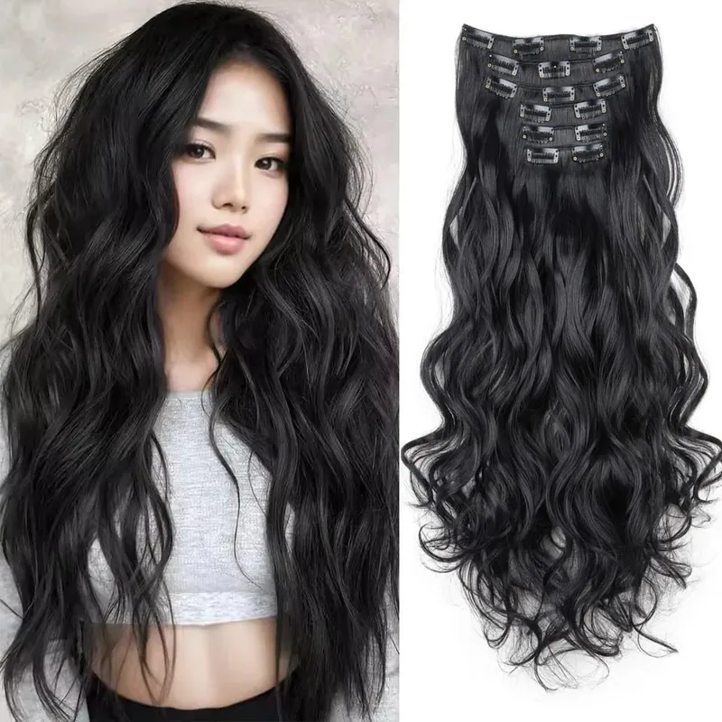 Synthetic 18Inch 16Clips Long Curly Hair Extension Heat Resistant Hair Extension Clips In Ombre Black Brown Blond Women Cosplay