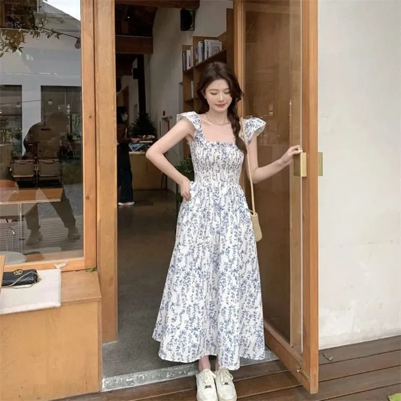 2026 New Gentle Floral Print Strap Dress Women Summer Cute Small Size Spicy Girl Style Long Dress Vacation Style Gathered Wai...