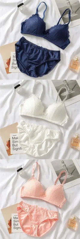 Women Lace Lingerie Set 32‑40ABC Cup Bow Decor Soft Comfort No‑Wire Bra And Briefs Breathable Intimate Underwear Suit