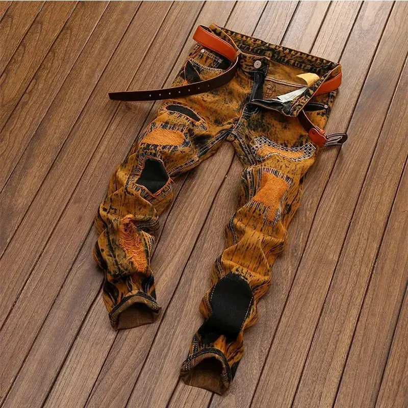 Herfst nieuwe vintage jeans heren gescheurde rechte slim-fit jeans patchwork gepersonaliseerde noodlijdende hiphop streetwear herenkleding