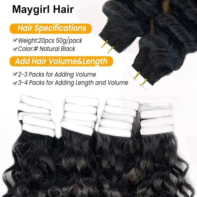 Páska s hlubokými vlnami v prodloužení 100% lidské vlasy Páska s hlubokými kudrnatými vlasy na prodloužení vlasů Skin Weft Remy Natural Hair Extensions #1B