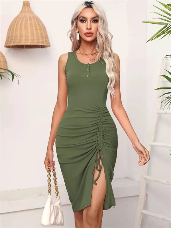Women Spring Summer Style Dress Lady Casual High Elastic Sleeveless Solid Color Split Sheath Dress DF5011