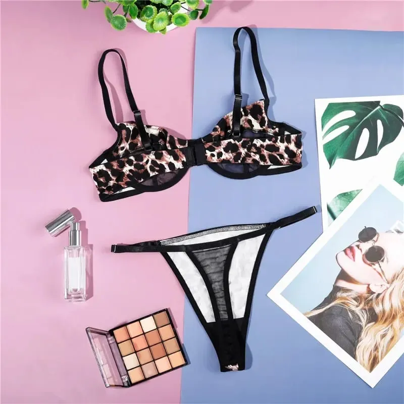 Exotic Lingerie Set Women Leopard Seamless Underwear Sexy Mesh Romantic Patchwork Bra Thong Comfortable Female Bra Brief Sets