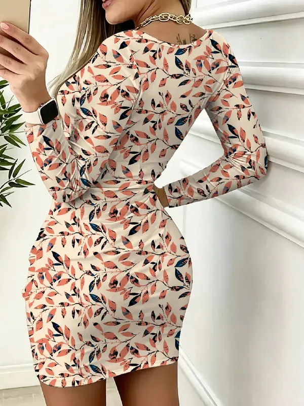Autumn women's casual round neck leaf print waist cinched long sleeved pocket dress mini skirt length