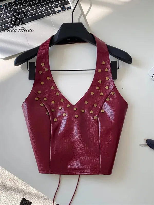 Halter Rivet Hotsweet Tops Women Lace Up Slim Texture Summer Clubwear Tank Top PU Leather Backless Sensual Retro Camis