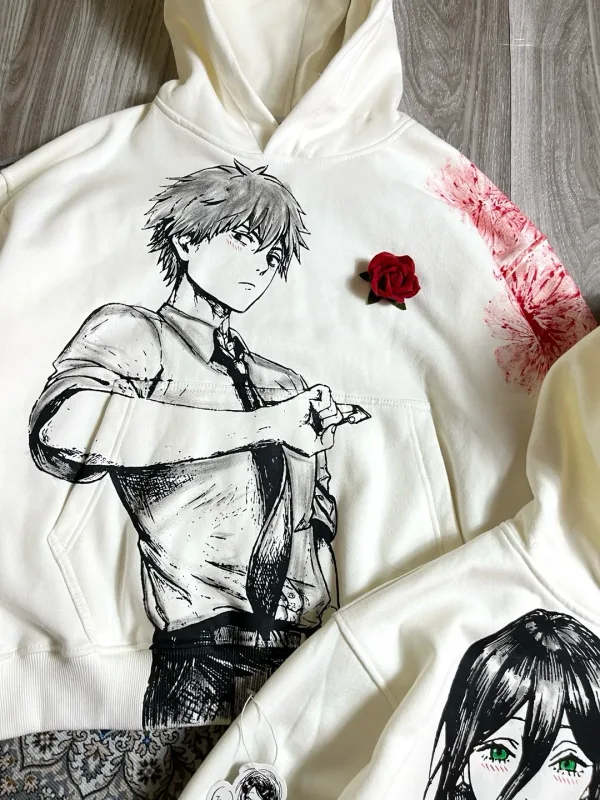 Denji and Reze Cotton Anime Hoodie Crew Neck Loose Summer Cotton Sweatshirt Harajuku Unisex Hoodies Oversized Men Clothing