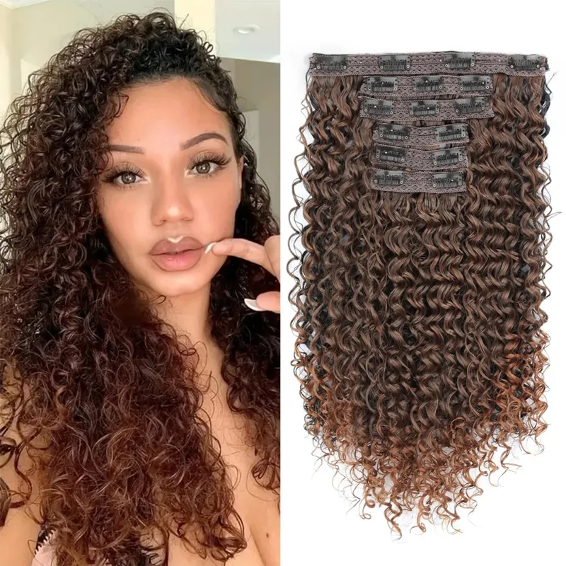Synthetic 16 Clip In Hair Extensions Kinky Curly Fluffy Black Blonde Full Head Fake Pieces Hair Extensions For Black Women