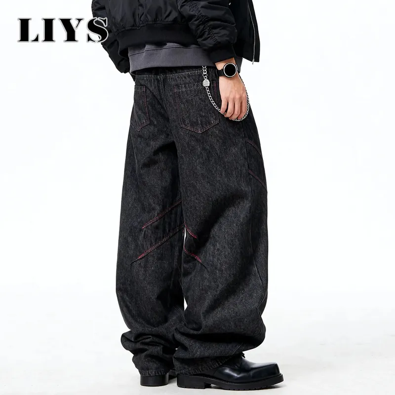 Four Seasons American Retro Men's Black Baggy Wide Leg Jeans Basic Business Casual Loose Denim Pants Unisex Street Jeans