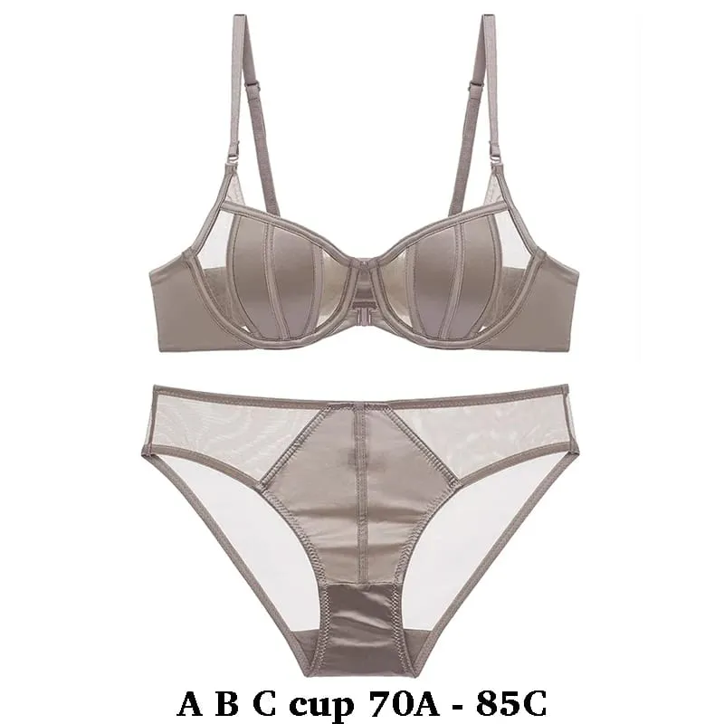 high quality satin sexy women bras and brief set push up A B C cup front closed wire summer lingerie underwear black white khaki