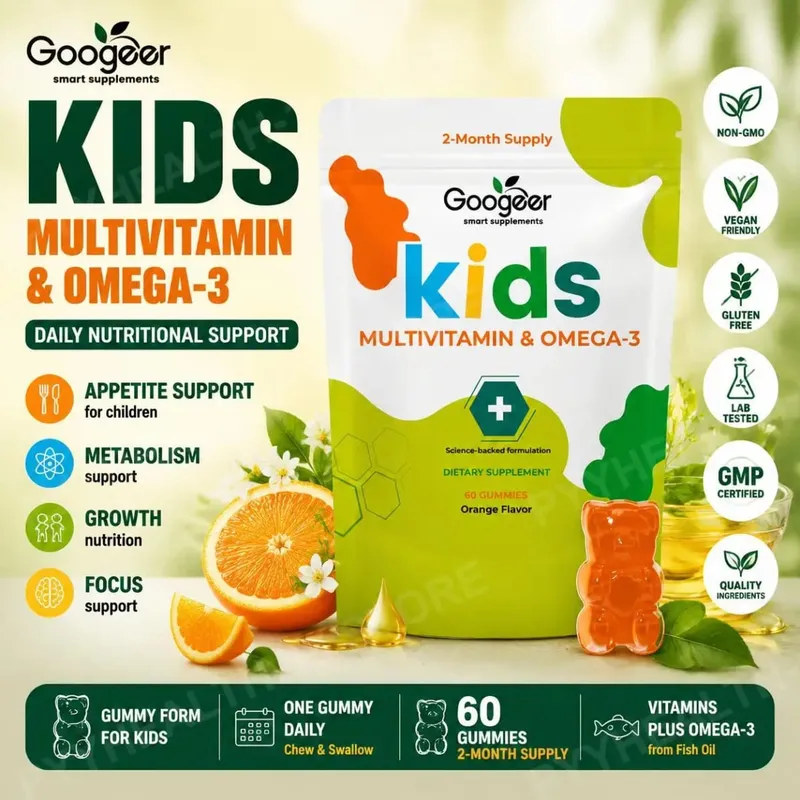 Googeer Kids Multivitamin & Omega-3 Gummies Vitamin C D3 B6 B12 Zinc Fish Oil Orange Flavor 60 Count Daily Nutrition Support