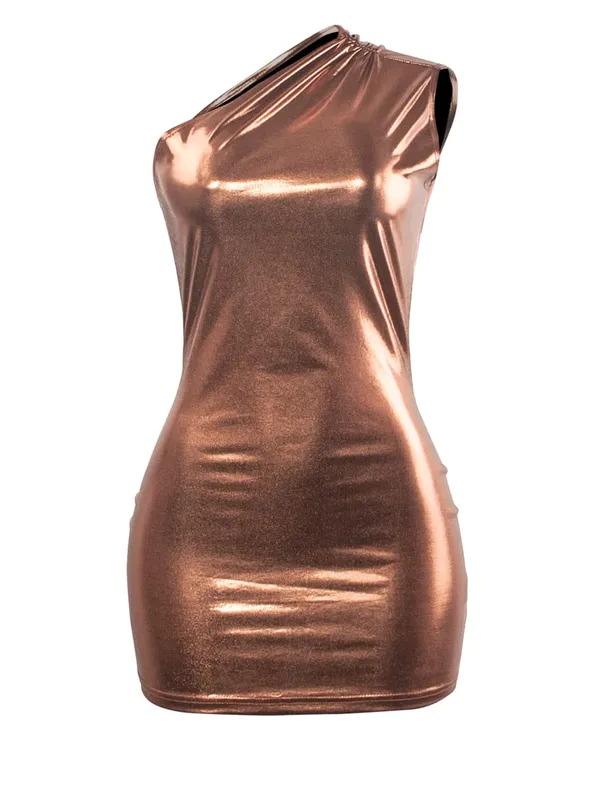 เซ็กซี่หนึ่งไหล่ชุดBodyconสำหรับผู้หญิงไม่สม่ำเสมอSkinny Mini Y2K Metallic Gildingชุดมินิสั้น