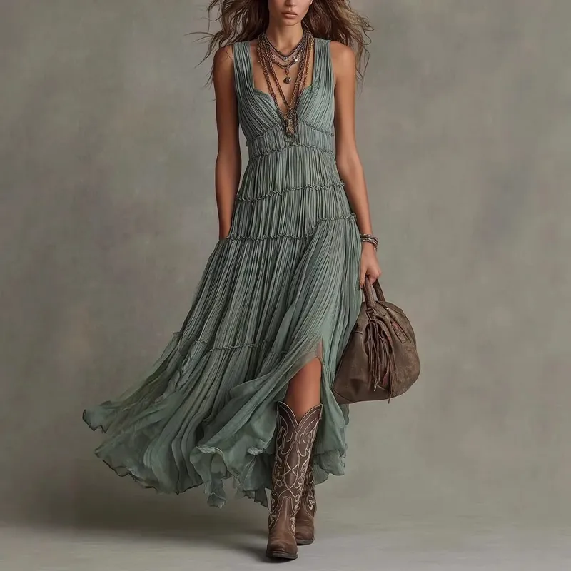 Women's Boho Green Tiered Maxi Dress Sleeveless V-Neck Pleated Flowy Dress Vintage Inspired Chic Boho Maxi Dress for Women