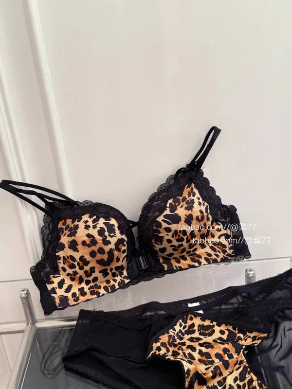 Leopard Print Front Button Bra Set Push Up Petite Women Backless Sexy Lingerie for Party Gathering Enhance Bust Show Larger S-XL