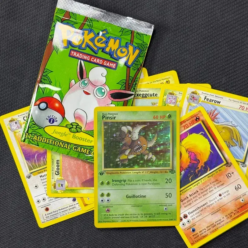 بطاقات وكيل البوكيمون حزمة معززة الغابة الإصدار الأول 11 بطاقة/حزمة Flareon Scyther Wigglytuff حقيبة هدايا بطاقة TCG