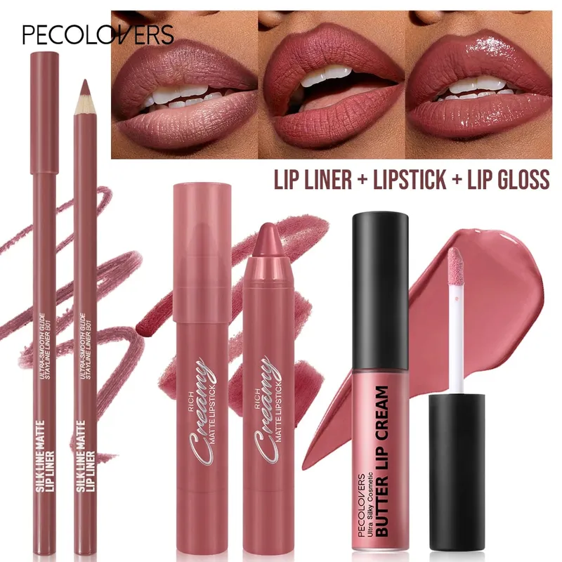 3PCS/SET Long-Lasting Non-Stick lipstick pen&Waterproof Lipliner Pencil & Long-Lasting Lip Oil Lip Gloss Beginner-Friendly