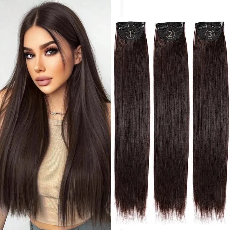3PCS Thick Light brown Long Straight Set 24inch Synthetic Clip in Hair Extensions for Women