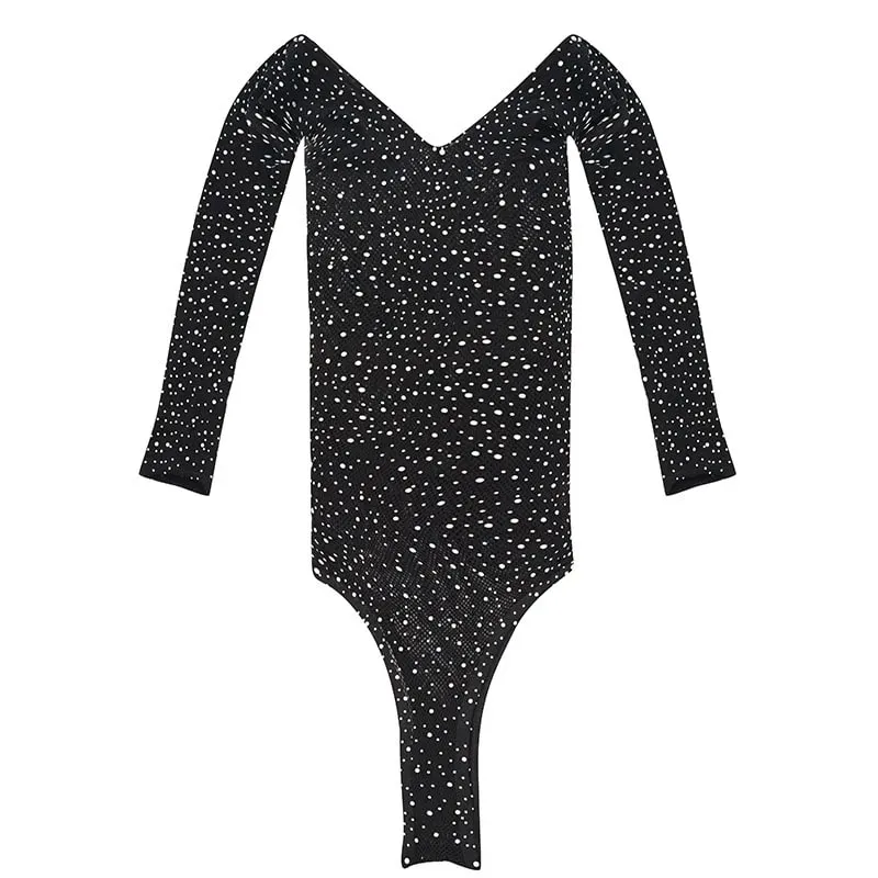 Women Rhinestone Glitter Bodysuit High Fishnet Tights Erotic Lingerie Y2k Sexy Tops One Piece Lingerie Erotic Body Rave Outfits