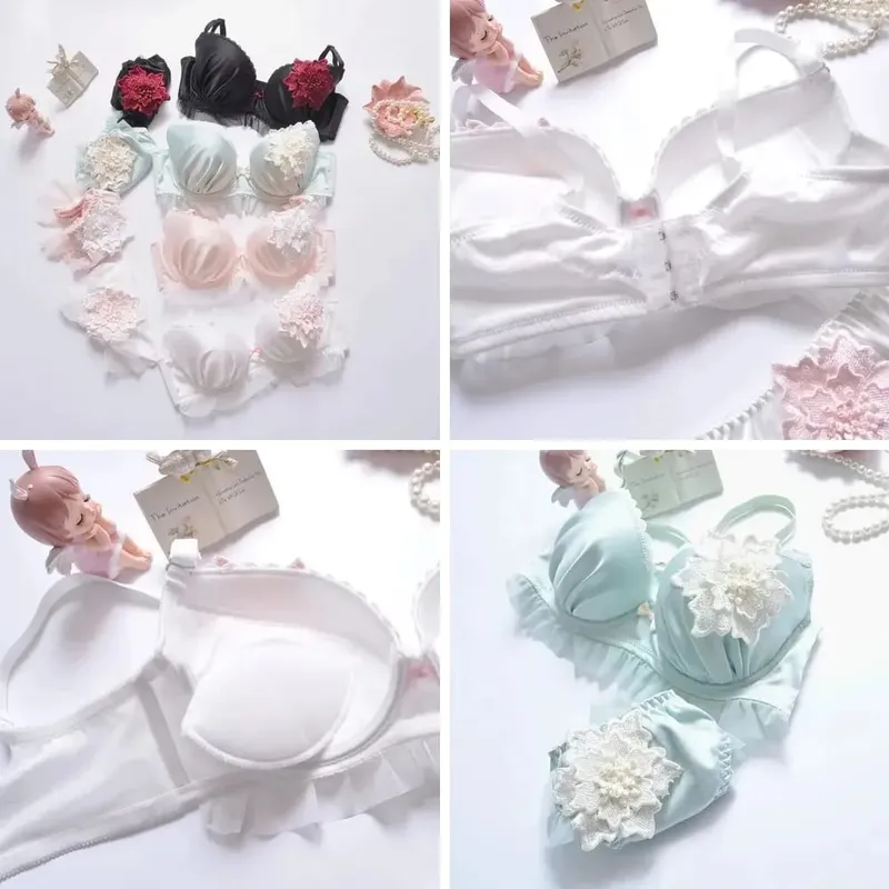 Sweet Floral Embroidered Push Up Bra Set for Women Large Size A-E Cup Fresh Thin Underwear & Panty Lingerie