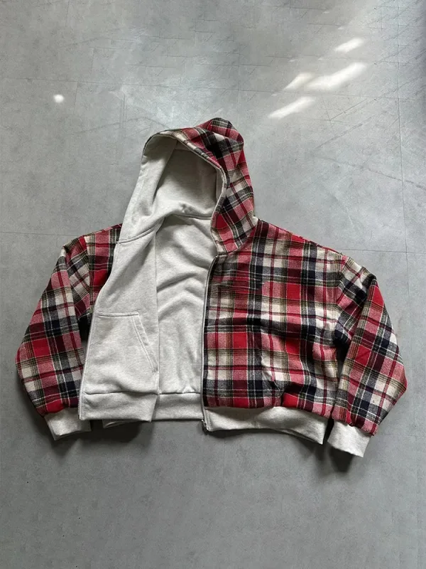 Winter Casual Plaid Print Hoodie Women's Warm Zip-Up Double-Sided Wear Sweatshirt Female Fashion Trendy Loose Hooded