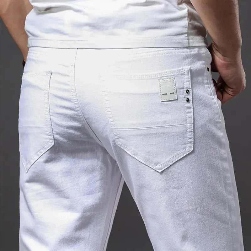 Jean blanc élastique pour hommes, coupe droite, Slim, décontracté, doux, Business, classique, marque, mode, pantalon en Denim extensible avancé
