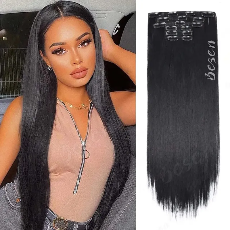 Synthetic 24Inch 16 Clips in Hair Extensions Long Straight Hairstyle Blonde Black Hairpieces Heat Resistant False Hair Daily Use
