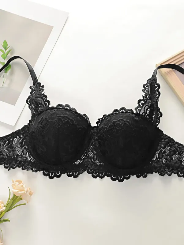 fashion Black bow lace thong set solid color daily 2-piece set sexy underwear set push up bra set B1111