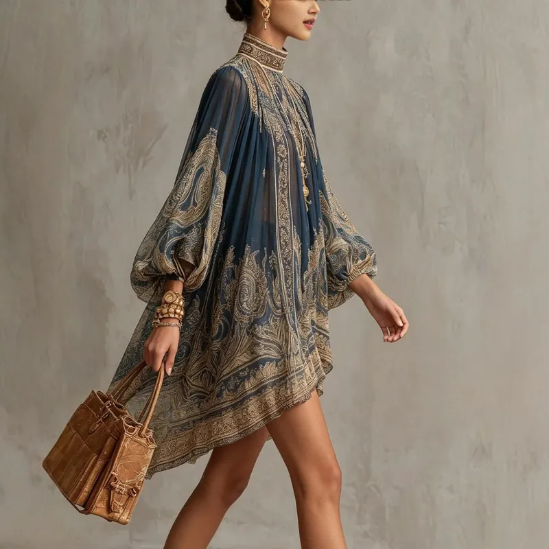 New European-style High-neck Printed Chiffon Dress with Loose Casual Vacation-themed Shawl Sleeves.