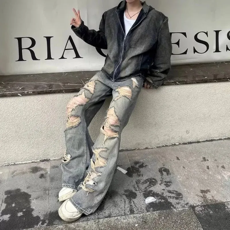 Men's Jeans Relaxed Fit Distressed Ripped Denim Pants Streetwear Summer Man Pants Washed Vintage Wide Leg Holes