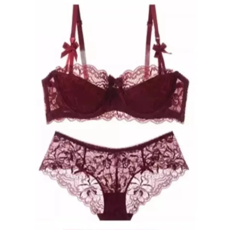 French Pure Passion Bow Shaped Shoulder Strap Lace Sexy Half Cup Push Up Bra Set Women's Thin Lingerie Big Breast Small Cup S-XL