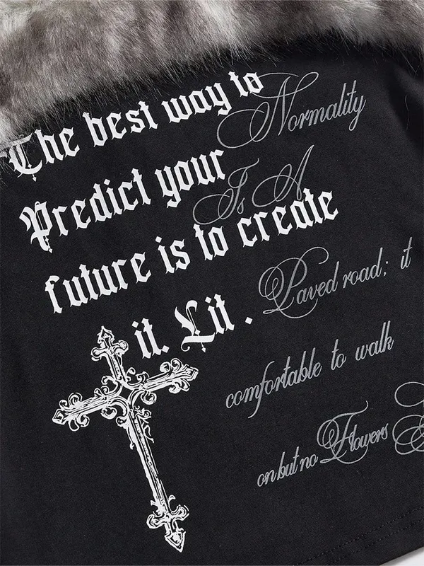 2026 Summer Women Y2K Grunge Goth Streetwear Sexy Faux Fur Trim Cross Letter Print Slim Fit Cropped Halter Neck Cami Tank Top