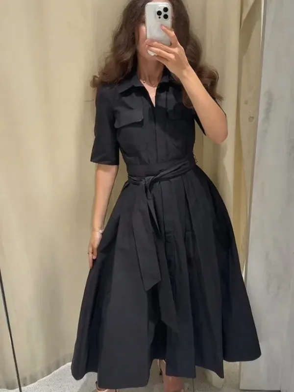 Gaun Midi Kerah Lengan Pendek Elegan untuk Wanita Gaun Panjang Pinggang Kancing Sebaris Solid Chic Wanita Gaun Pesta Malam Liburan Vestidos