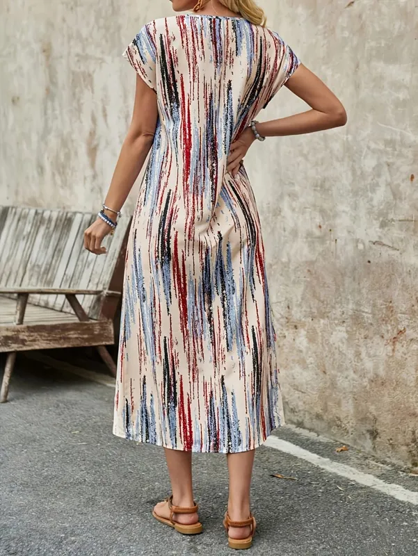 Elegant Directional Round-Neck Double Pocket Colored Stripe Long Summer Dress