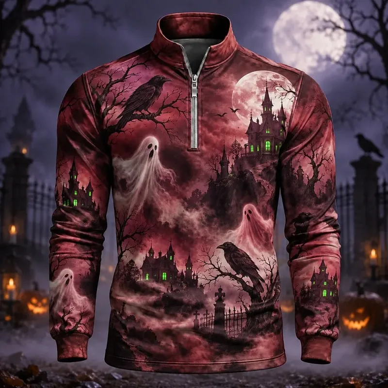 Men 1/4 Zip Sweatshirt Ghost Crow Haunted Castle Halloween Print Long Sleeve Tops