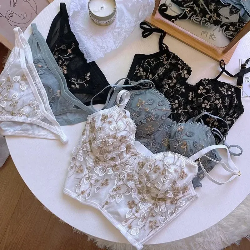 Sulaman Baru Renda Bunga Seluar Dalam Wanita Perancis Seluar Dalam Keluli Getah Tulang Tekan Bra Bralette Seksi Lingerie Comel Membentuk Badan Seksi