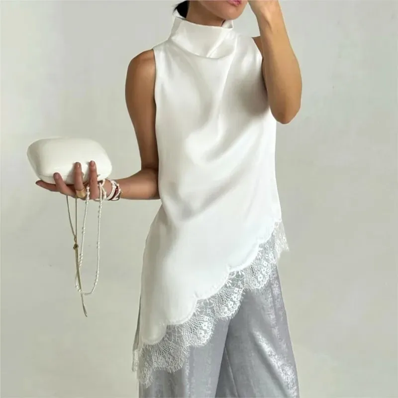 Women's Satin High Neck Lace Trim Sleeveless Tanks Summer Fashion Casual Irregular Silhouette Delicate Solid Color Tops