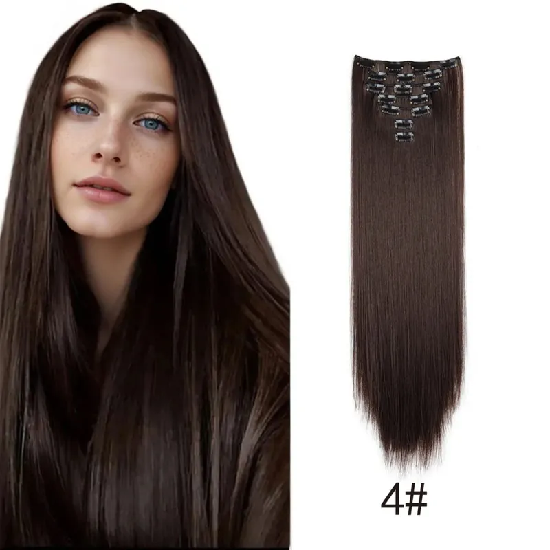 Synthetic 24inch Clips in Hair Extensions Long Straight Hairstyle Blonde Black Hairpieces Heat Resistant False Hair Daily Use