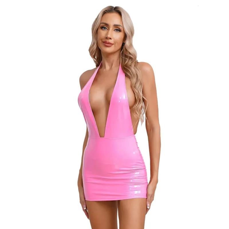 Damska obcisła lateksowa mini spódniczka Mini sukienka lakierowana błyszcząca wyglądająca na mokre Bodycon lateksowa sukienka z PVC Wetlook Rave odzież klubowa