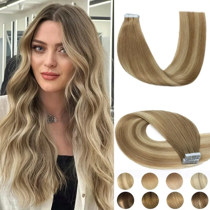 20pcs Women Natural Tape in Human Hair Extensions Remy Hair Adhesive Invisible Skin Weft Hair Straight Human Hair Extensions