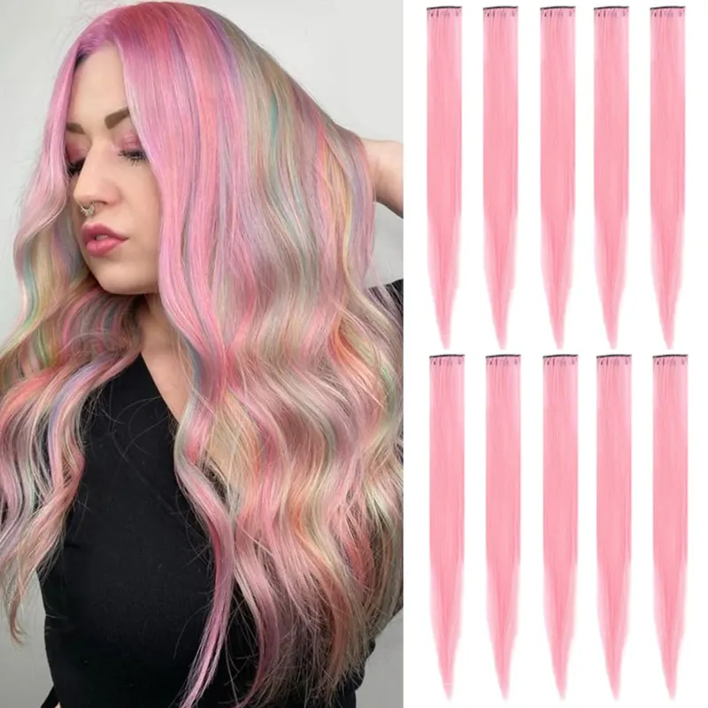 Farvet klip i hårforlængelse Langt lige Farverigt hår Syntetiske regnbuehårstykker til kvinder Fest Daglig liv