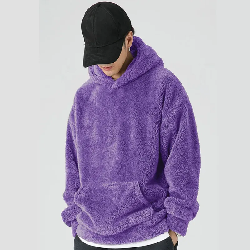 Purple Men's Hoodies Coral Fleece Designer Vintage Novelty Hooded Sweatshirt 2026 New Korean Style Winter Warm Pullovers for Men