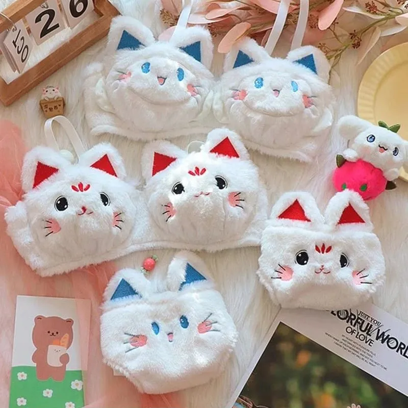 Cute Cartoon Furry Cat Ears Lingerie Bras Underpants Underwear Two Piece Sets Sweet Warm Winter Plush Underwear Set New